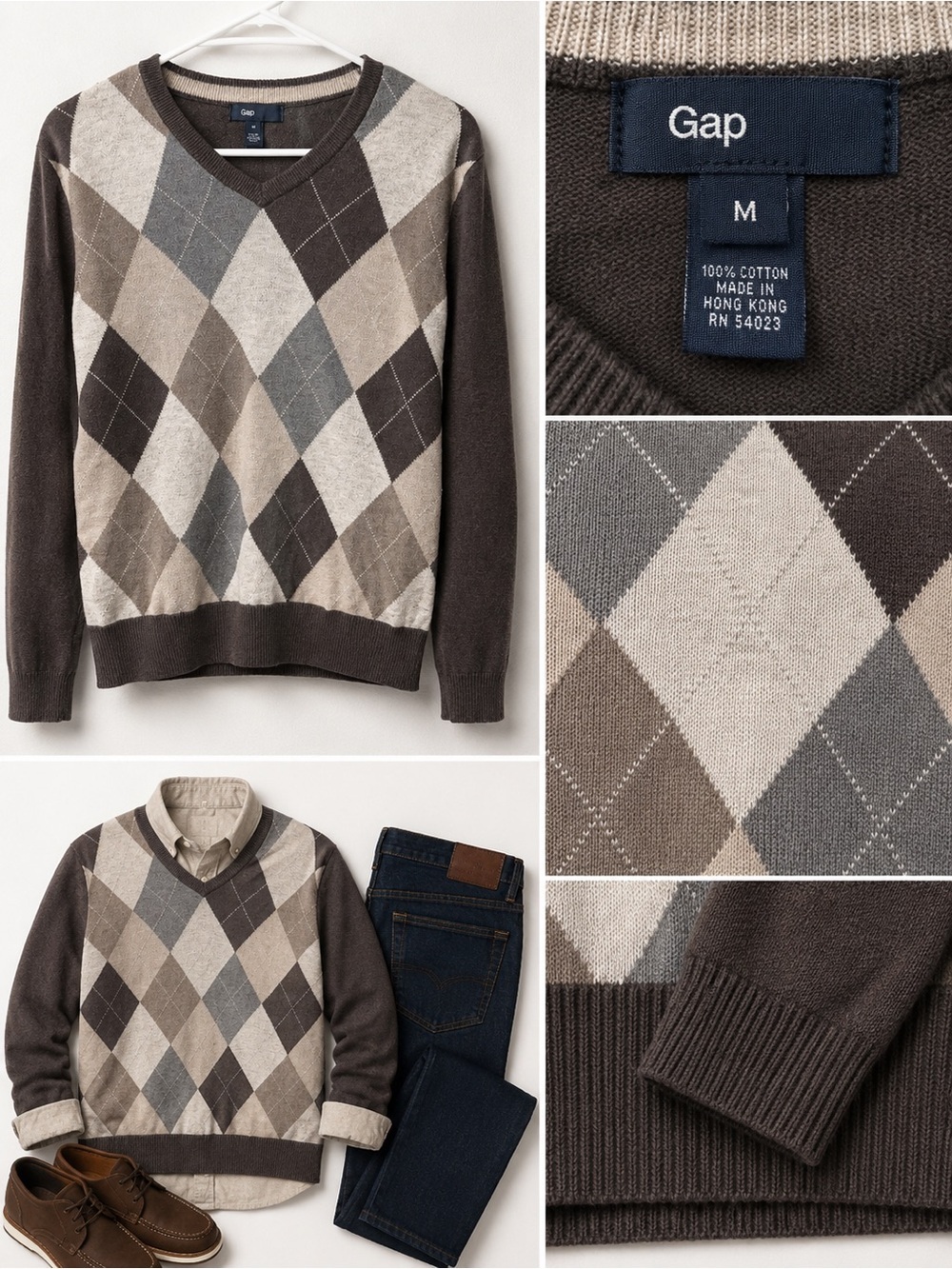GAP Men’s Brown and Gray Argyle V-Neck Sweater Cardigan - Picture 2 of 2